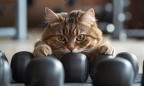 Fototapeta Cat in a gym, engaging in a playful workout routine. This amusing take on a healthy lifestyle for an overweight cat adds a humorous and light-hearted approach to fitness for pets, Generative AI