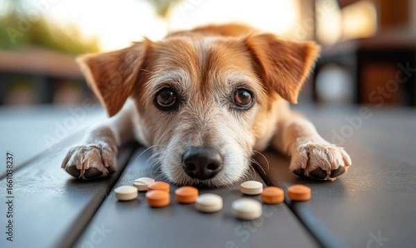Fototapeta Dog antibiotics resistance and immunity concept, symbolized by medicine pills and capsules, representing the responsible use of antibiotics in veterinary medicine. This concept promotes, Generative AI