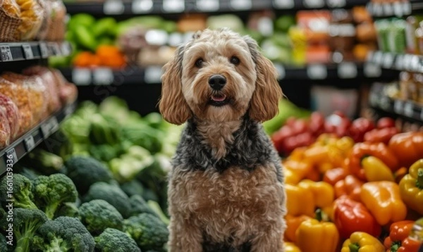 Fototapeta Dog in a grocery store, surrounded by colorful vegetables and healthy food. The pet-friendly store allows dogs to shop for their own nutritious food, promoting a healthy lifestyle, Generative AI