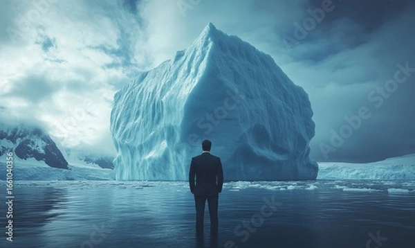 Fototapeta Focused businessman in a suit, contemplating a massive iceberg ahead, symbolizing the unseen challenges and risks in his business journey. This visual emphasizes the complexities, Generative AI