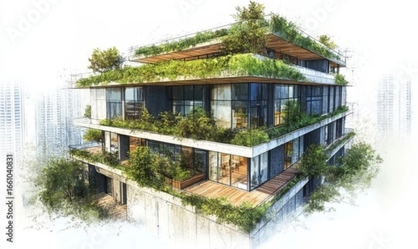 Fototapeta Sustainable office building sketch featuring green roofs, energy-efficient windows, and eco-friendly facades. The design emphasizes energy conservation, reducing the building's, Generative AI
