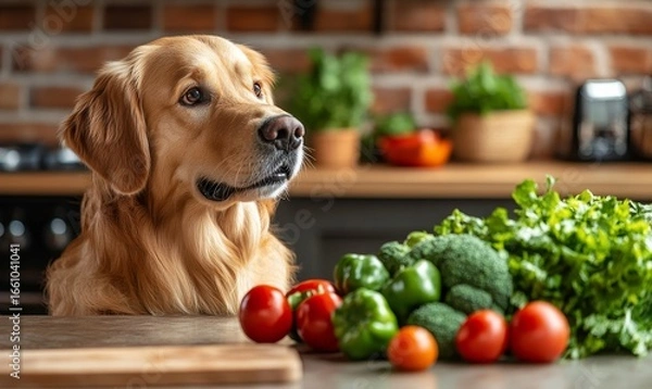 Fototapeta Dog in a grocery store, surrounded by colorful vegetables and healthy food. The pet-friendly store allows dogs to shop for their own nutritious food, promoting a healthy lifestyle, Generative AI