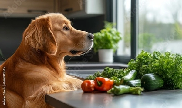 Fototapeta Golden retriever dog in the kitchen looking at fresh vegetables, illustrating the importance of a balanced, nutritious diet for pets, including human-grade ingredients for health, Generative AI