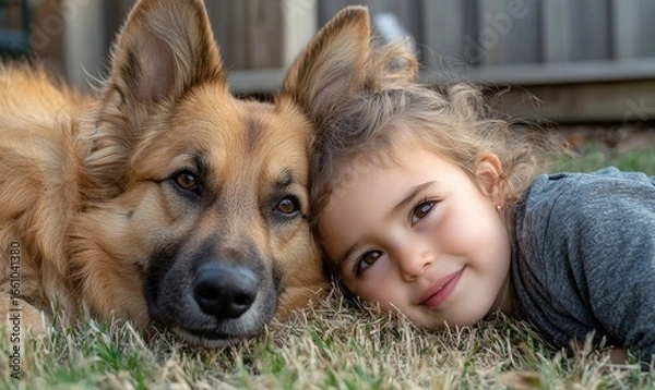 Fototapeta Young child bonding with a pet dog, symbolizing the joy and loyalty shared between children and their dogs. The image emphasizes the importance of this friendship for a happy, Generative AI