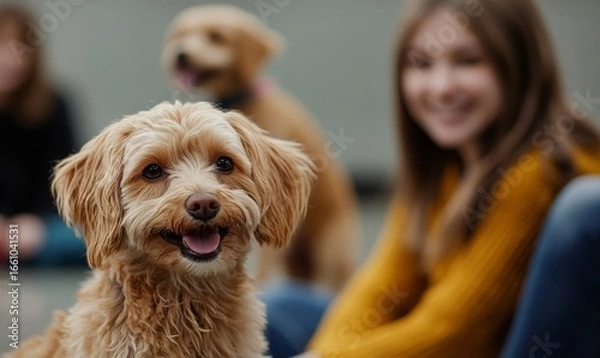 Fototapeta Puppy socialization class, where pets and their owners participate in training sessions to teach dogs how to interact and socialize with others. This image highlights the importance, Generative AI