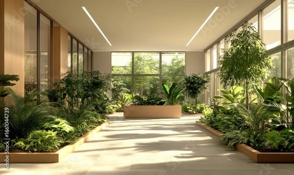 Fototapeta Office space featuring lush green plants, creating a sustainable and nature-friendly corporate environment. The design emphasizes the importance of employee well-being, Generative AI