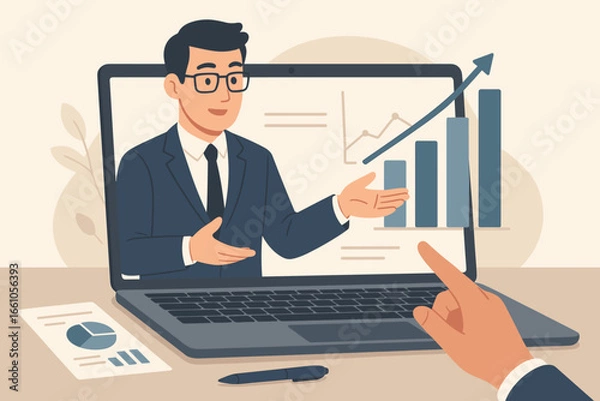 Obraz Business consultant giving online presentation from laptop. Financial advisor with growth chart. Concept for virtual meeting, webinar, e-learning, strategy and data analysis.