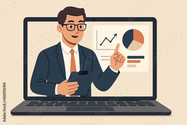 Fototapeta Business consultant on laptop screen giving online presentation. Concept for financial advisor, remote expertise, virtual meeting, data analysis, marketing strategy, and webinar.
