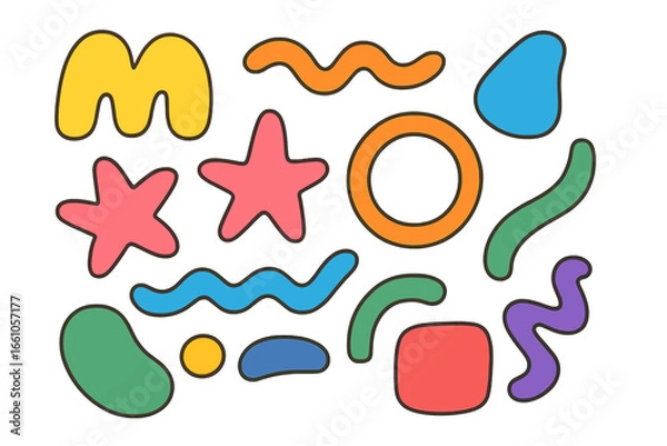 Fototapeta Set of colorful abstract shapes. Playful cartoon doodle elements for graphic design. Modern retro 90s style geometric and organic forms. Vector illustration isolated on background.