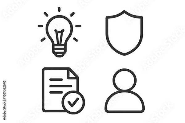 Fototapeta Business and Technology Icons Set. Lightbulb Idea Symbol, Security Shield, Verified Document, User Profile. Modern Line Art Vector for Innovation, Protection, Identity, Approval Concepts