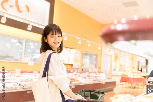 Fototapeta スーパーで買物をする若い女性
