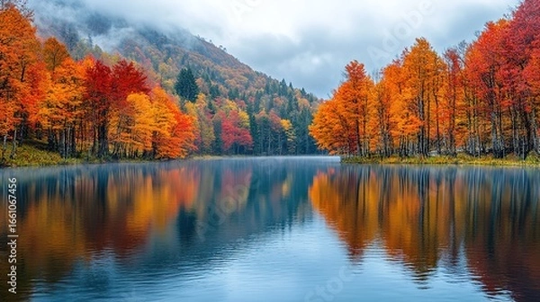 Obraz Autumn Lake Scenery: Colorful Forests Reflecting on Tranquil Water, Mountain Mist Enhancing Fall Atmosphere, Ideal for Landscape Decoration, Seasonal Theme Design, Nature Scene Material