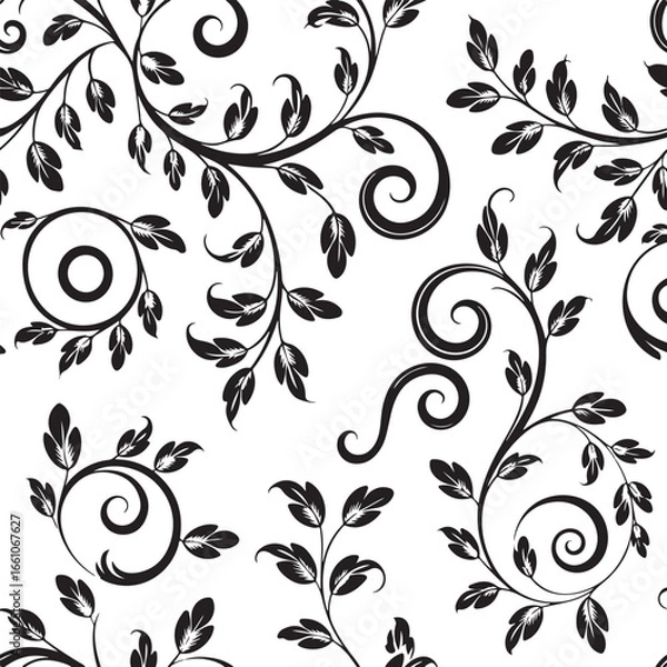 Obraz A detailed and intricate black and white seamless pattern of elegant floral vines with swirling leaves and tendrils.