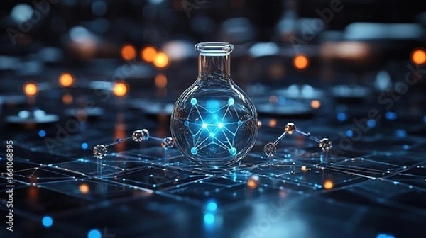 Obraz Sci - tech Chemical Experiment Scene: Glowing Molecular Structure in Flask, with Sci - fi Background & Lines, for Scientific Research, Innovation, Future Tech Themed Presentations