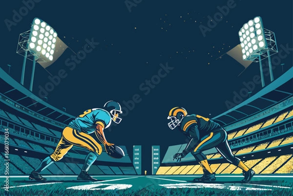 Obraz Intense night football match illuminated by powerful stadium floodlights, creating a vibrant, energetic atmosphere.