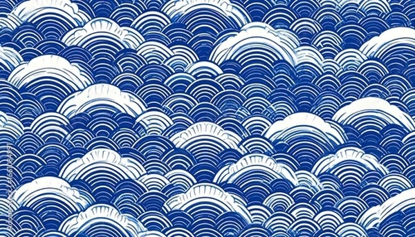 Fototapeta Traditional Japanese wave pattern in bold blue and white, featuring stylized ocean crests and swirling foam in horizontal rows.