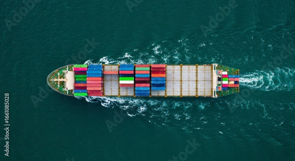 Fototapeta Large container ship sailing across the ocean creating waves