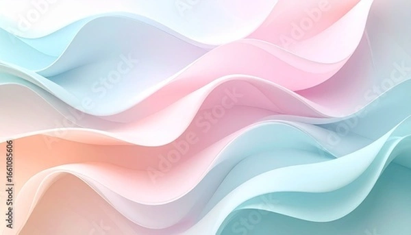 Fototapeta Abstract pastel wave composition in pink, peach, and blue with soft flowing curves and layered depth.