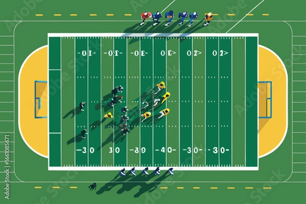 Obraz Overhead view of a vibrant, green football field with determined players in formation, ready for intense action.