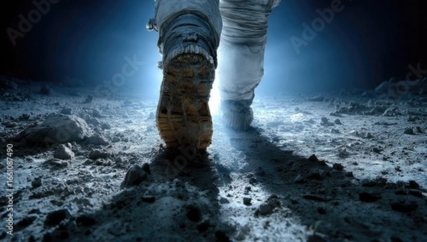 Fototapeta Astronaut walking on moonlit surface