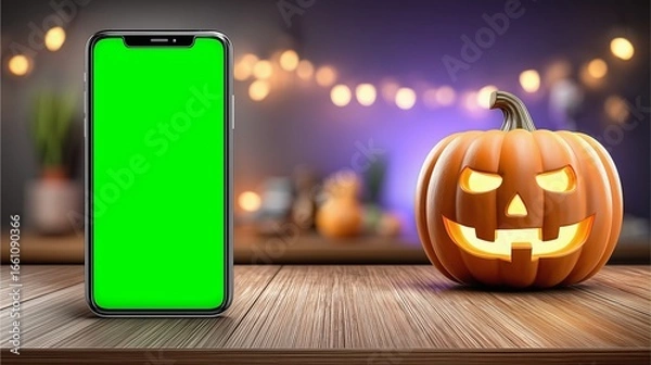 Fototapeta Halloween smartphone mockup with green screen and glowing jack-o’-lantern pumpkin on wooden table