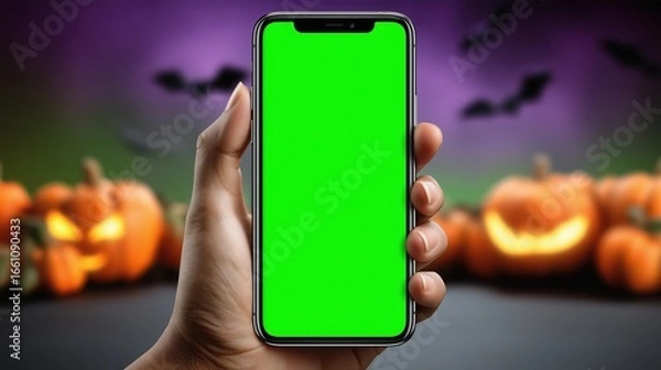 Fototapeta Hand holding smartphone with green screen and Halloween background of pumpkins and bats