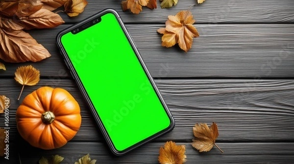 Fototapeta Flat lay smartphone mockup with green screen, pumpkin and autumn leaves on wooden desk for Halloween