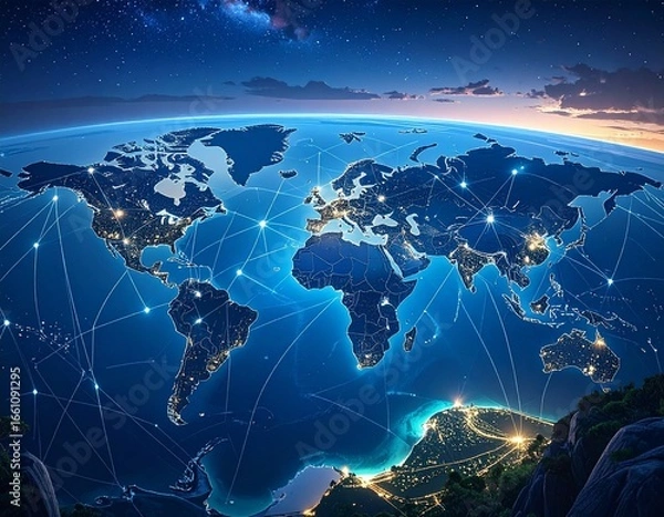 Obraz Abstract digital network with glowing lines and nodes connecting across world map