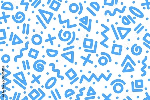 Fototapeta Fun memphis or doodle style design pattern with geometric shape circles, triangles, squares, wave, lines, plus, dots in blue on white background for wallpaper, print, decor, fabric, fashion, etc.