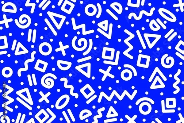 Fototapeta Seamless pattern in blue and white background with geometric shape circles, triangles, squares, wave, lines, plus, dots. Memphis, doodle, hand-drawn design for wallpaper, textile, wrapping, etc.