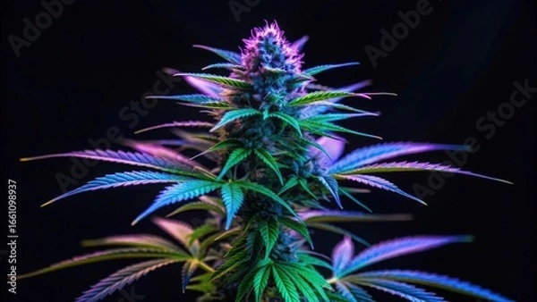 Fototapeta Large cannabis plant with purple green buds — illuminated neon leaves on black canvas with empty space