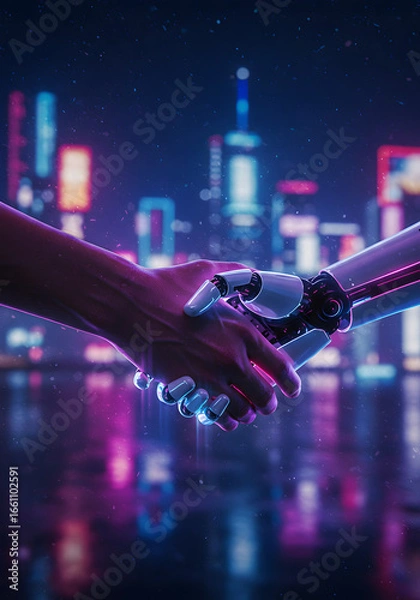 Obraz Human Hand Shaking Robotic Hand with Futuristic City Lights