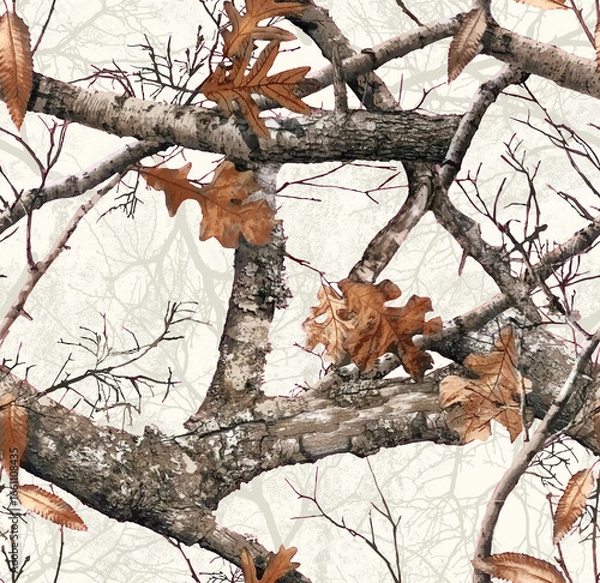 Fototapeta Realistic forest camouflage. Seamless pattern. Conifer tree, branches and leaves. Useable for hunting and military purposes.