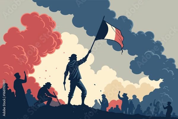 Obraz Dynamic revolutionary scene, chaotic smoke, vibrant flares, street protest, defiance, resistance, urban upheaval, symbolic struggle, impactful visuals, flat design aesthetic.