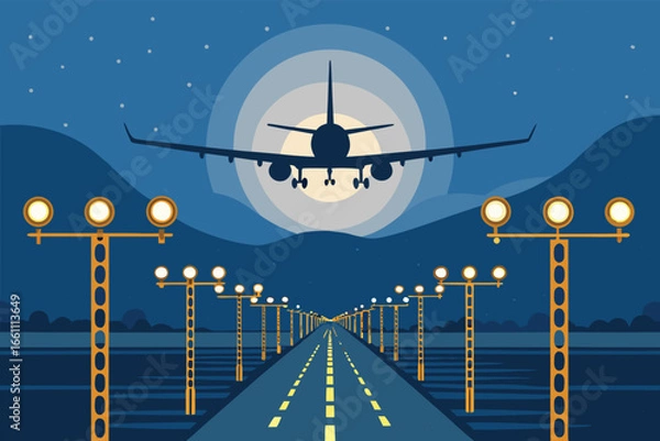 Obraz Gleaming runway lights illuminate a dark night as an airplane prepares for takeoff, a beacon of travel and adventure.