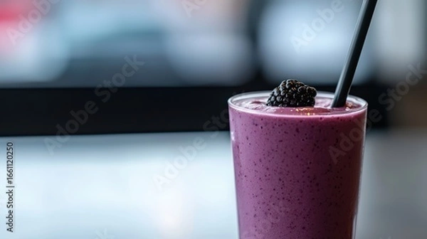 Fototapeta A purple smoothie with a blackberry on top, served in a clear glass with a black straw.