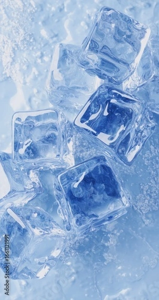 Obraz Cool close-up of ice cubes, abstract blue, water. Refreshing, cold, chilled image