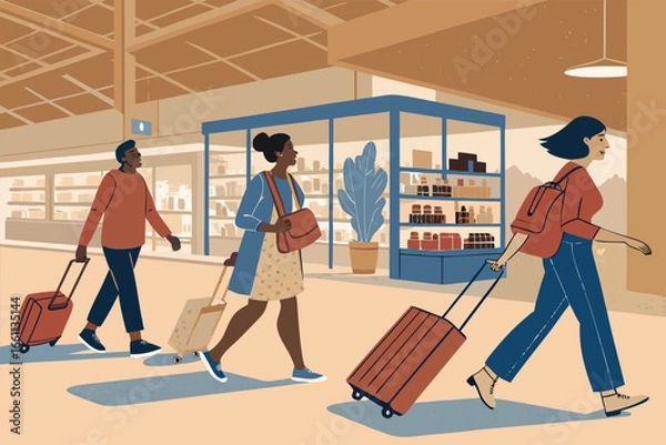 Obraz Diverse travelers navigating a bustling airport duty-free shop, a vibrant hub of global commerce.