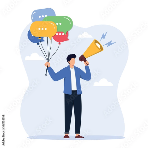 Obraz Communication and Public Relations concept. Businessman holding speech bubble balloons while talking on megaphone. Public Relations manager to communicate company information and media. 