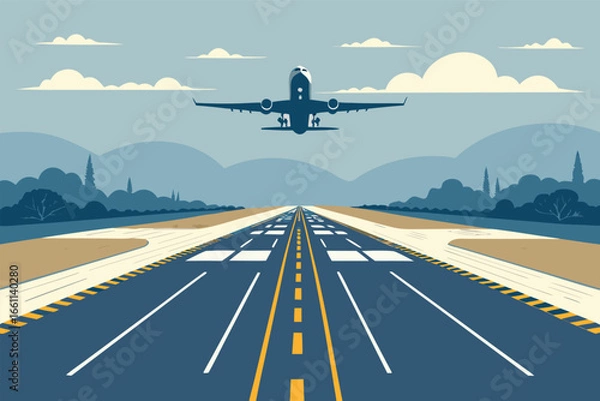 Obraz Expansive aerial perspective of a busy airport runway, capturing an aircraft gracefully ascending into the vast blue sky.