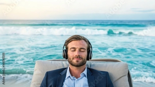 Fototapeta A man relaxes on the beach, wearing headphones while enjoying the ocean waves.