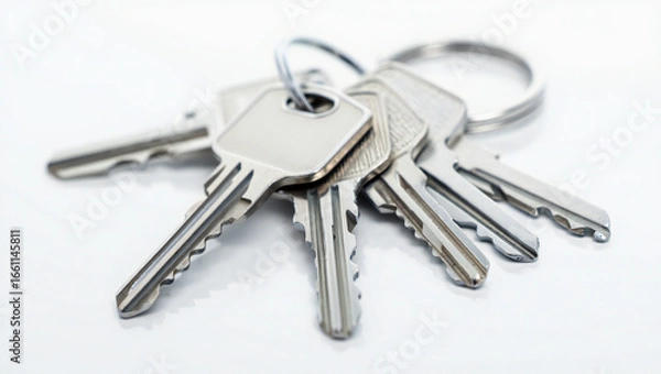 Fototapeta Close up shot of several keys on a keyring against a white background conveying security access and the concept of unlocking possibilities and access to new opportunities