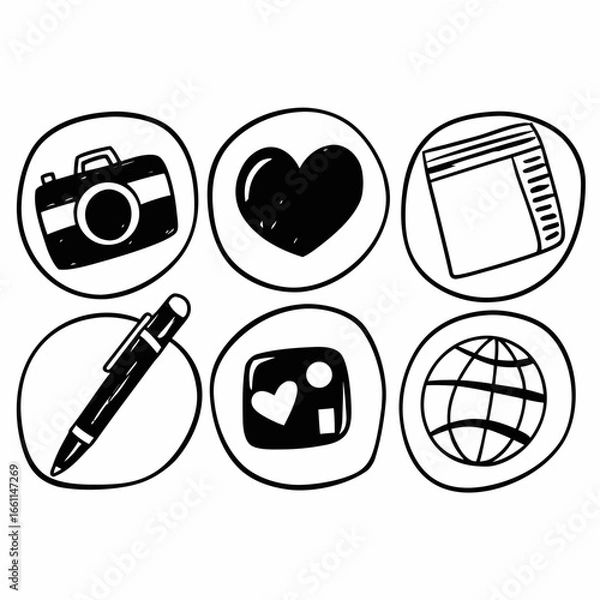Fototapeta Social media icons set isolated on white background, hand drawn vector illustration in doodle style