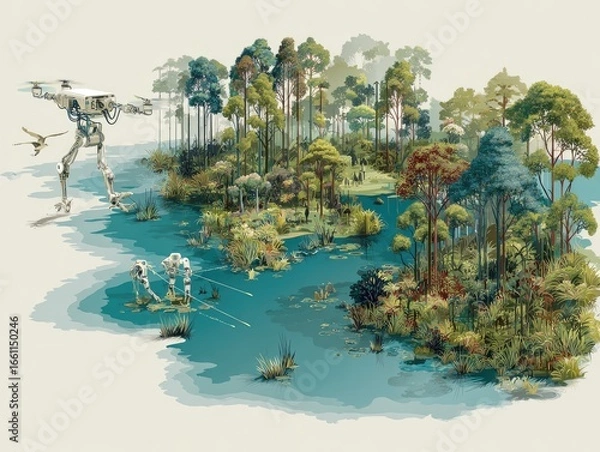 Fototapeta Robots in a swampy forest with trees, vegetation, water, and wildlife