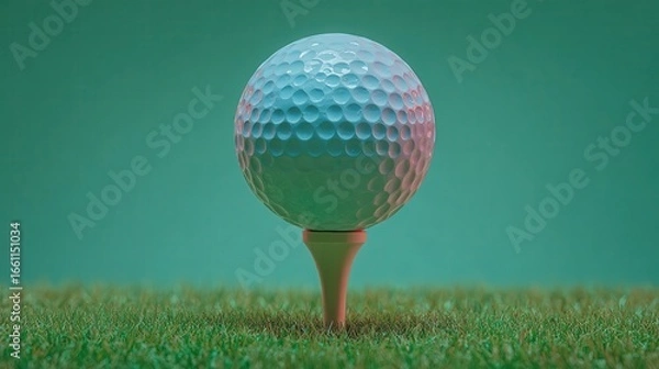Fototapeta Close up of a golf ball on a tee against a teal background.