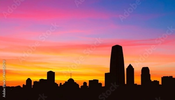 Fototapeta 夕焼けに染まる都市のシルエット　グラデーション空と高層ビル群の調和　オレンジ、ピンク、紫、青へと移り変わるグラデーション