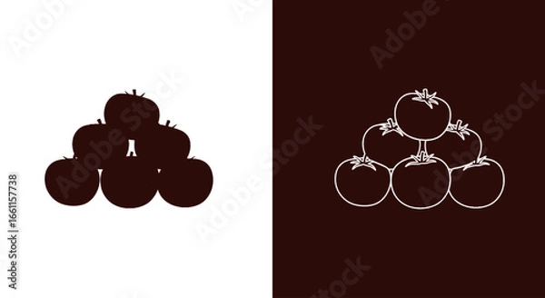 Fototapeta A neat pyramid stack of fresh red tomatoes in a black and white split icon, symbolizing harvest, cooking, and fresh produce.