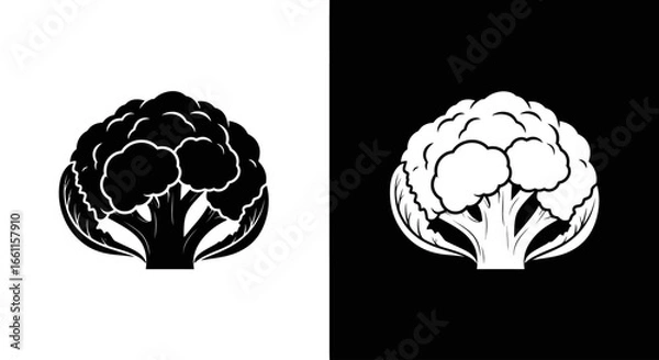 Fototapeta A cauliflower head icon in a black and white split design, representing cruciferous vegetables and low-carb healthy diets like keto.
