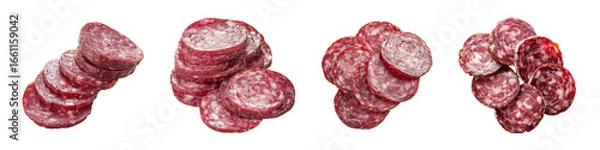 Fototapeta Stacks of sliced salami on a , ready to eat transparent background Generative AI