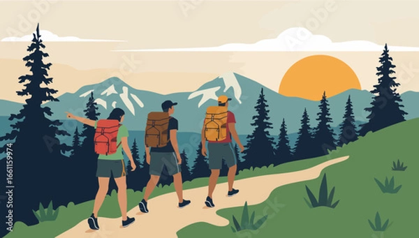 Fototapeta Three Hikers Ascending a Mountain Trail Towards the Setting Sun